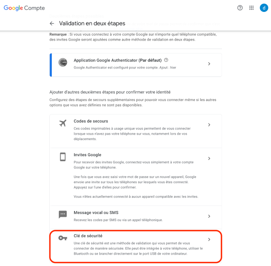 Etape 1: Activer la double authentification avec une clé physique sur Gmail