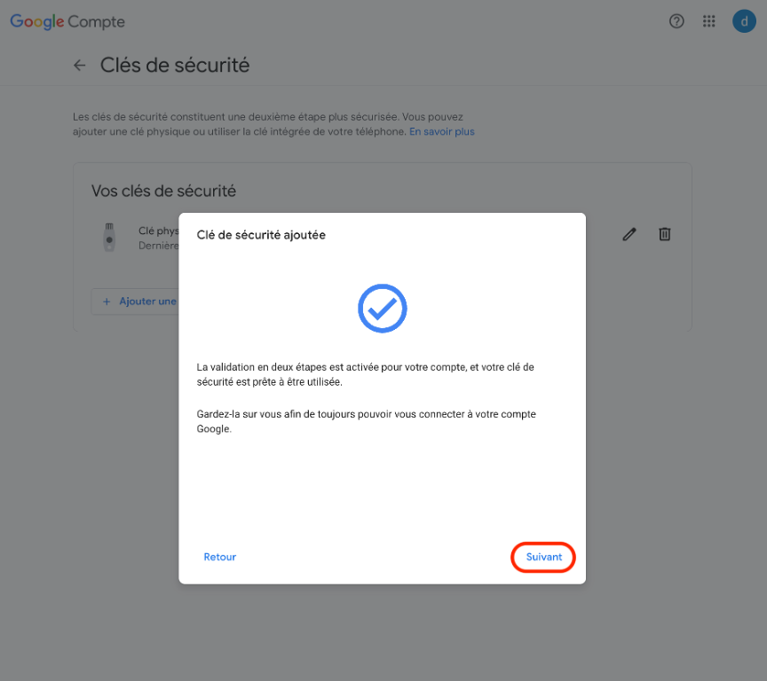 Etape 4: Activer la double authentification avec une clé physique sur Gmail