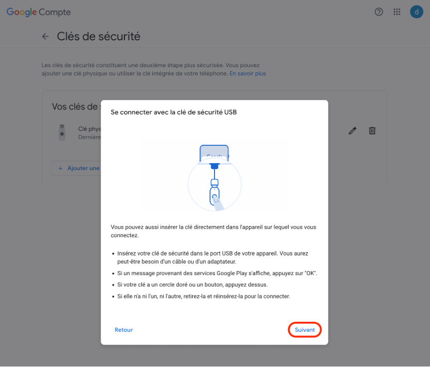 Etape 5: Activer la double authentification avec une clé physique sur Gmail